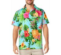 King Kameha Men’s Hawaiian Shirt Short Sleeve - Pineapple, Turquoise, 6XL