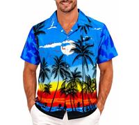 King Kameha Men's Beach-Shirt Short-Sleeve Casual-Button-Down Hawaii-Vacation, Beach, Blue, L