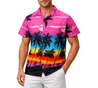 King Kameha Men's Beach-Shirt Short-Sleeve Casual-Button-Down Hawaii-Vacation, Beach, Eclectic-Pink, 5XL