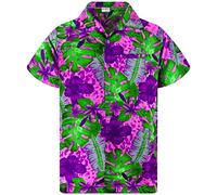King Kameha Men's Beach-Shirt Short-Sleeve Casual-Button-Down Hawaii-Vacation, Green-Leaves-Purple-Flower, Pink, XXL