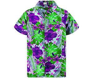 King Kameha Men's Beach-Shirt Short-Sleeve Casual-Button-Down Hawaii-Vacation, Green-Leaves-Purple-Flower, Turquoise, L
