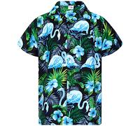 King Kameha Mens Flamingo-Flowers Short-Sleeve Hawaiian-Shirt Novelty Summer-Vibes, Flamingo-Flowers, Black-Blue, 5XL