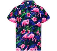 King Kameha Mens Flamingo-Flowers Short-Sleeve Hawaiian-Shirt Novelty Summer-Vibes, Flamingo-Flowers, Navy-Blue-Pink, S