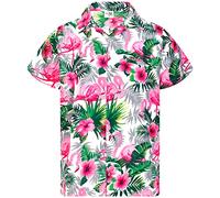 King Kameha Mens Flamingo-Flowers Short-Sleeve Hawaiian-Shirt Novelty Summer-Vibes, Flamingo-Flowers, White-Pink, XXL