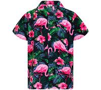 King Kameha Mens Flamingo-Flowers Short-Sleeve Hawaiian-Shirt Novelty Summer-Vibes, Flamingo-Flowers, Black-Pink, XXL
