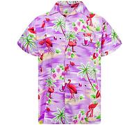 King Kameha Mens Flamingos Short-Sleeve Hawaiian-Shirt Novelty Summer-Vibes, Flamingos, Light-Purple, XS