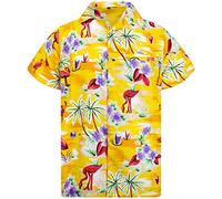 King Kameha Mens Flamingos Short-Sleeve Hawaiian-Shirt Novelty Summer-Vibes, Flamingos, Yellow, L