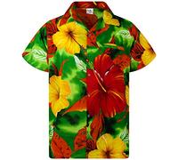 King Kameha Men's Floral-Shirts Hawaiian-Style Short-Sleeve Summer Casual, Big-Flower, Green, L