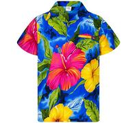 King Kameha Men's Floral-Shirts Hawaiian-Style Short-Sleeve Summer Casual, Big-Flower, Light-Blue, XXL