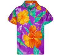King Kameha Men's Floral-Shirts Hawaiian-Style Short-Sleeve Summer Casual, Big-Flower, Light-Purple, L