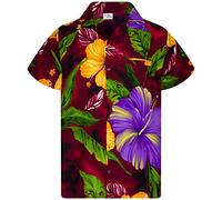 King Kameha Men's Floral-Shirts Hawaiian-Style Short-Sleeve Summer Casual, Big-Flower, Maroon-Red, XL