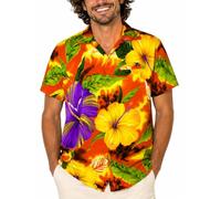 King Kameha Men's Floral-Shirts Hawaiian-Style Short-Sleeve Summer Casual, Big-Flower, Orange, XXL