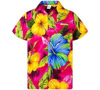 King Kameha Men's Floral-Shirts Hawaiian-Style Short-Sleeve Summer Casual, Big-Flower, Pink, L