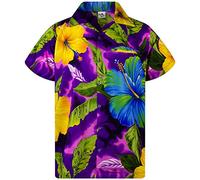 King Kameha Men's Floral-Shirts Hawaiian-Style Short-Sleeve Summer Casual, Big-Flower, Purple, XL