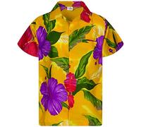 King Kameha Men's Floral-Shirts Hawaiian-Style Short-Sleeve Summer Casual, Big-Flower, Yellow, 5XL