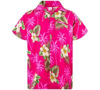 King Kameha Men's Floral-Shirts Hawaiian-Style Short-Sleeve Summer Casual, Small-Flower, Magenta-Pink, XL