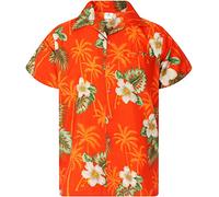 King Kameha Men's Floral-Shirts Hawaiian-Style Short-Sleeve Summer Casual, Small-Flower, Orange, L