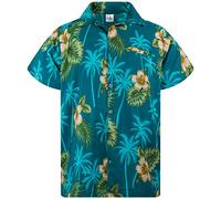 King Kameha Men's Floral-Shirts Hawaiian-Style Short-Sleeve Summer Casual, Small-Flower, Petrol-Green, S