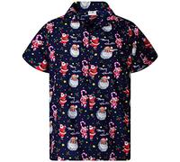 King Kameha Mens Fun Hawaiian Christmas-Print-Shirts Short-Sleeve Casual Button-Down Shirts, Candy-Cane, Dark-Blue, XS