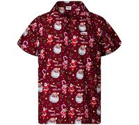 King Kameha Mens Fun Hawaiian Christmas-Print-Shirts Short-Sleeve Casual Button-Down Shirts, Candy-Cane, Red, L