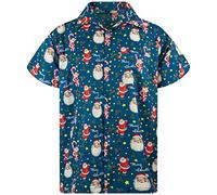 King Kameha Mens Fun Hawaiian Christmas-Print-Shirts Short-Sleeve Casual Button-Down Shirts, Candy-Cane, Blue, XXL