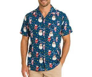 King Kameha Mens Fun Hawaiian Christmas-Print-Shirts Short-Sleeve Casual Button-Down Shirts, Candy-Cane, Blue, L