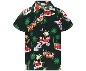 King Kameha Mens Fun Hawaiian Christmas-Print-Shirts Short-Sleeve Casual Button-Down Shirts, Dolphin-Santa, Green, 5XL