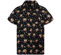 King Kameha Mens Fun Hawaiian Christmas-Print-Shirts Short-Sleeve Casual Button-Down Shirts, Drunk-Santa, Black, XL
