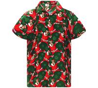 King Kameha Mens Fun Hawaiian Christmas-Print-Shirts Short-Sleeve Casual Button-Down Shirts, Laughing-Santa, Green, L