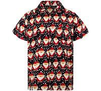 King Kameha Mens Fun Hawaiian Christmas-Print-Shirts Short-Sleeve Casual Button-Down Shirts, Santa-Allover, Black, L