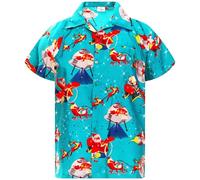 King Kameha Mens Fun Hawaiian Christmas-Print-Shirts Short-Sleeve Casual Button-Down Shirts, Space-Santa, Turquoise, XXL