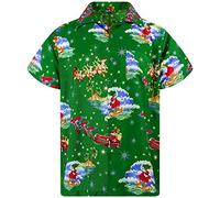 King Kameha Mens Fun Hawaiian Christmas-Print-Shirts Short-Sleeve Casual Button-Down Shirts, Surf-Santa, Green, S