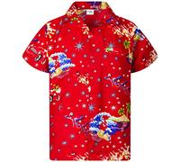 King Kameha Mens Fun Hawaiian Christmas-Print-Shirts Short-Sleeve Casual Button-Down Shirts, Surf-Santa, Red, L