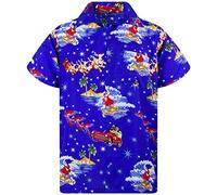 King Kameha Mens Fun Hawaiian Christmas-Print-Shirts Short-Sleeve Casual Button-Down Shirts, Surf-Santa, Blue, 5XL