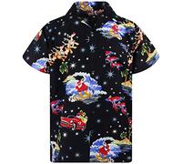 King Kameha Mens Fun Hawaiian Christmas-Print-Shirts Short-Sleeve Casual Button-Down Shirts, Surf-Santa, Black, 5XL