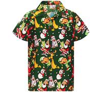 King Kameha Mens Fun Hawaiian Christmas-Print-Shirts Short-Sleeve Casual Button-Down Shirts, Written-Santa, Green, XXL