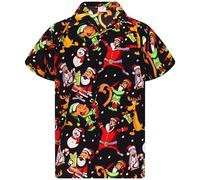 King Kameha Mens Fun Hawaiian Christmas-Print-Shirts Short-Sleeve Casual Button-Down Shirts, Written-Santa, Black, 6XL