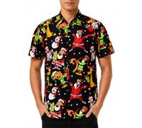 King Kameha Mens Fun Hawaiian Christmas-Print-Shirts Short-Sleeve Casual Button-Down Shirts, Written-Santa, Black, XXL