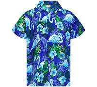 King Kameha Mens Funky-Flamingos Short-Sleeve Hawaiian-Shirt Novelty Summer-Vibes, Flamingo-Flowers, Blue-Turquoise, XS