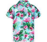 King Kameha Mens Funky-Flamingos Short-Sleeve Hawaiian-Shirt Novelty Summer-Vibes, Flamingo-Flowers, Turquoise-Pink, XS