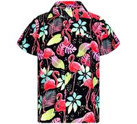 King Kameha Mens Funky-Flamingos Short-Sleeve Hawaiian-Shirt Novelty Summer-Vibes, Funky-Flamingos, Black, M