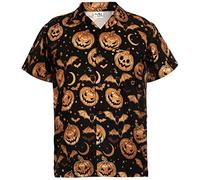 King Kameha Men's Halloween-Shirt Digital-Printed Pumpkins Skeleton Short-Sleeve Button-Down, Pumpkin-Bat, Sepia, XXL