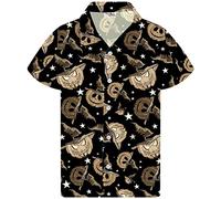 King Kameha Men's Halloween-Shirt Digital-Printed Pumpkins Skeleton Short-Sleeve Button-Down, Pumpkin-Hat, Sepia, XL