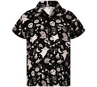 King Kameha Men's Halloween-Shirt Digital-Printed Pumpkins Skeleton Short-Sleeve Button-Down, Pumpkin-Ghost, Grey, 6XL