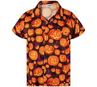 King Kameha Men's Halloween-Shirt Digital-Printed Pumpkins Skeleton Short-Sleeve Button-Down, Pumpkin-Allover, Orange, L