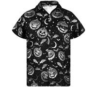 King Kameha Men's Halloween-Shirt Digital-Printed Pumpkins Skeleton Short-Sleeve Button-Down, Pumpkin-Bat, Grey, L