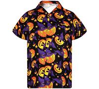 King Kameha Men's Halloween-Shirt Digital-Printed Pumpkins Skeleton Short-Sleeve Button-Down, Pumpkin-Hat, Multi-Purple, XXL