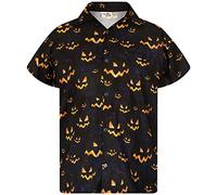 King Kameha Men's Halloween-Shirt Digital-Printed Pumpkins Skeleton Short-Sleeve Button-Down, Pumpkin-Allover, Black, XL