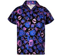 King Kameha Men's Halloween-Shirt Digital-Printed Pumpkins Skeleton Short-Sleeve Button-Down, Pumpkin-Web, Blue, XXL