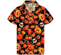 King Kameha Men's Halloween-Shirt Digital-Printed Pumpkins Skeleton Short-Sleeve Button-Down, Pumpkin-Web, Red, XXL